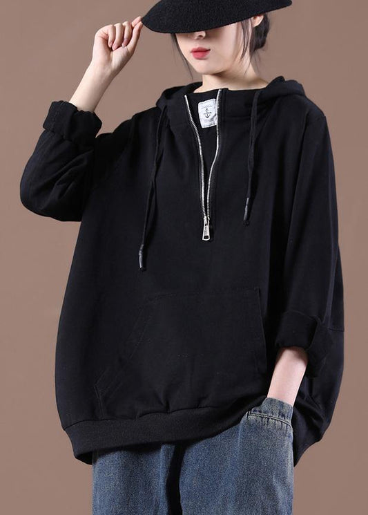 Women Hooded Autumn Simple Black Tops - SooLinen