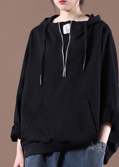 Women Hooded Autumn Simple Black Tops - SooLinen