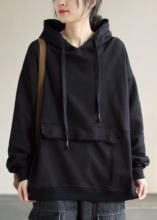 Women Hooded Cinched Spring Black Blouses - SooLinen