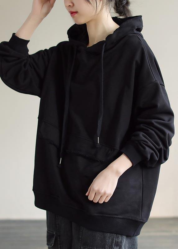 Women Hooded Cinched Spring Black Blouses - SooLinen