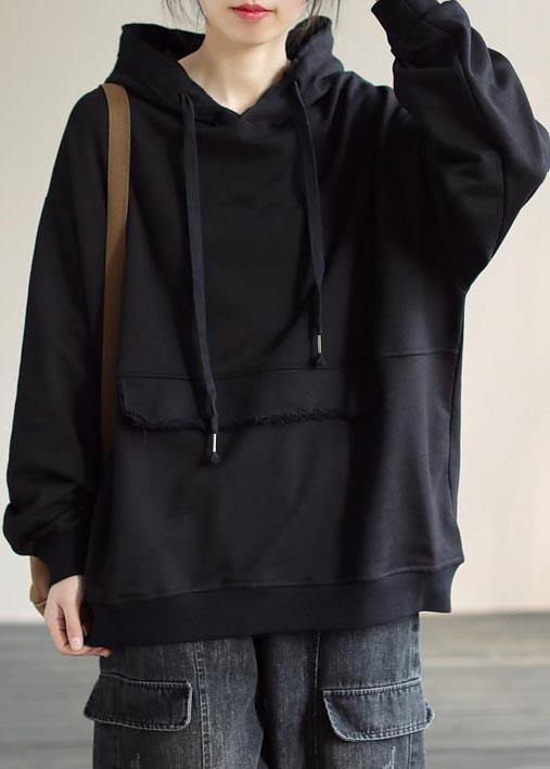 Women Hooded Cinched Spring Black Blouses - SooLinen