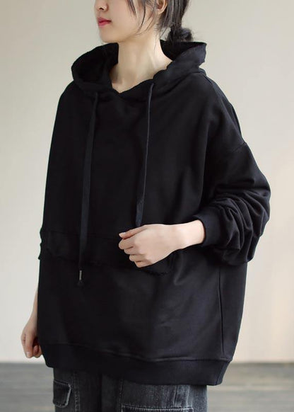 Women Hooded Cinched Spring Black Blouses - SooLinen