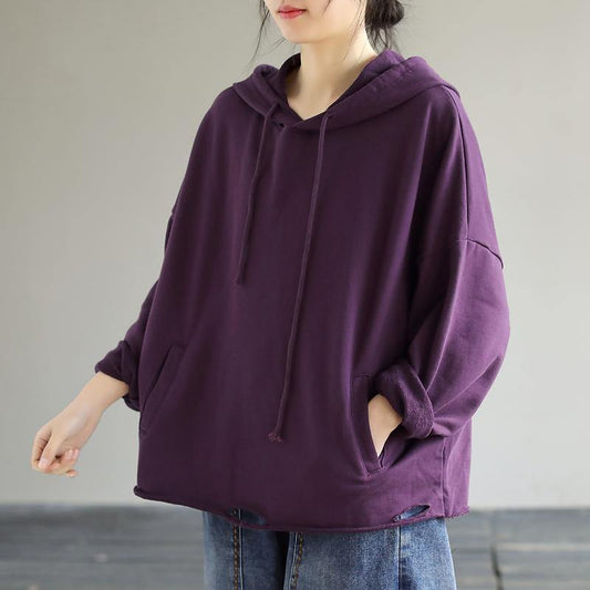 Women Hooded Hole Spring Top Silhouette Photography Purple Blouses - SooLinen