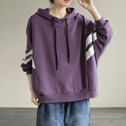 Women Hooded cotton Spring Tunic pattern Work Outfits Purple Sweatshirt - SooLinen