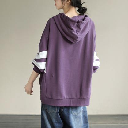 Women Hooded cotton Spring Tunic pattern Work Outfits Purple Sweatshirt - SooLinen
