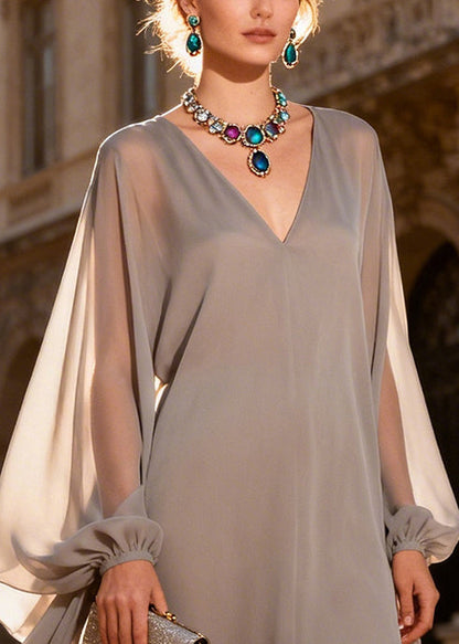 Women Khaki Asymmetrical Layered Chiffon Robe Dresses Summer
