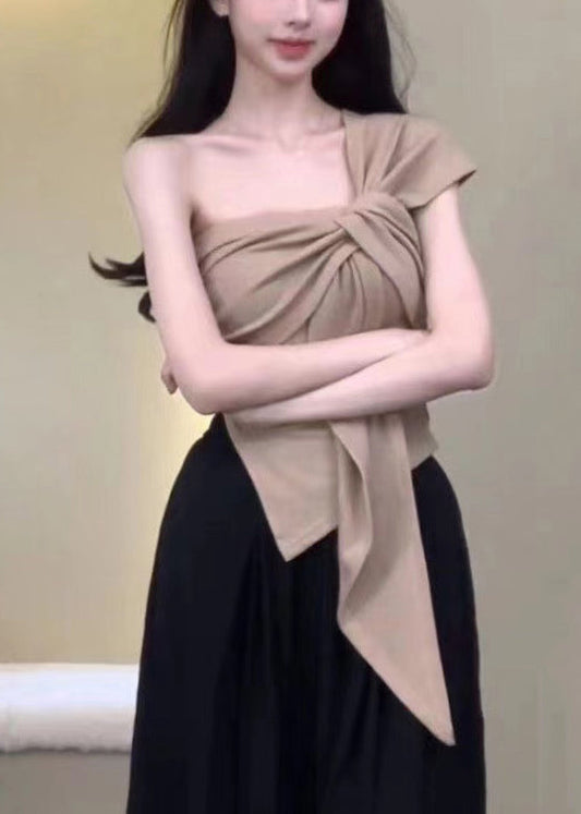 Damen Khaki Asymmetrische One-Shoulder Baumwolle T Shirt Ärmellos