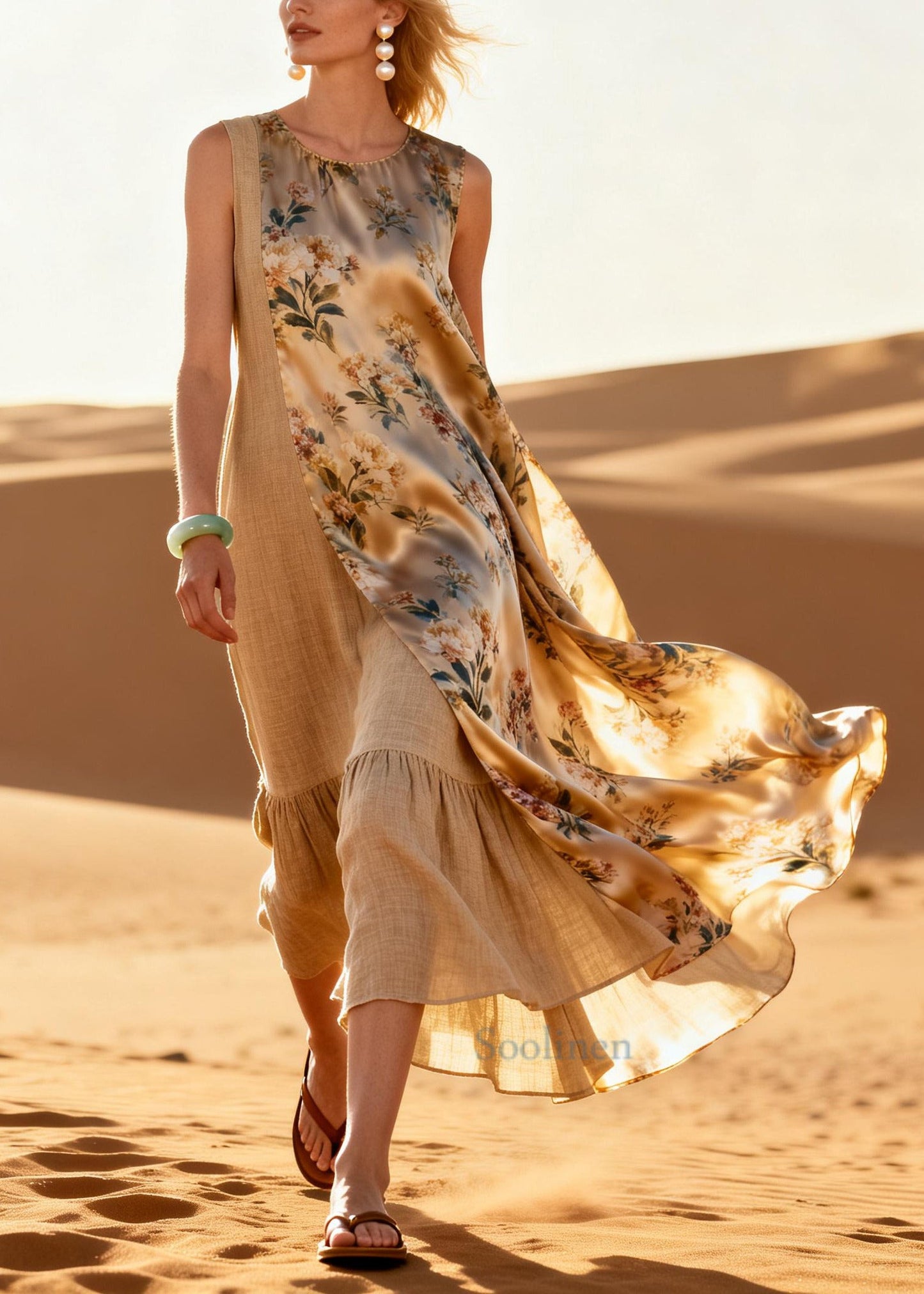 Women Khaki Asymmetrical Patchwork Linen Silk Maxi Dresses Summer