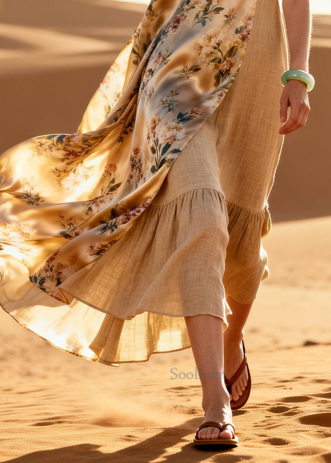 Women Khaki Asymmetrical Patchwork Linen Silk Maxi Dresses Summer