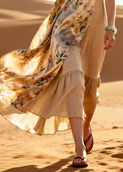Women Khaki Asymmetrical Patchwork Linen Silk Maxi Dresses Summer