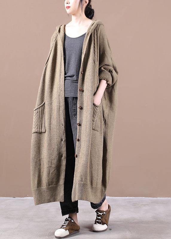 Women Khaki Button Pockets Fall Long Cardigans Coat - SooLinen