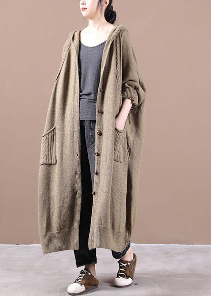 Women Khaki Button Pockets Fall Long Cardigans Coat - SooLinen