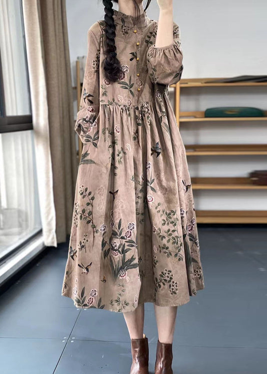 Frauen Khaki Button Rüschen Print Kleid Frühling