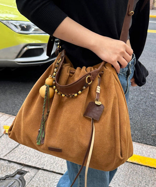 Women Khaki Drawstring Durable Leather Pouch Handbag