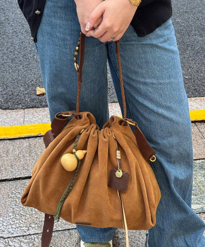 Women Khaki Drawstring Durable Leather Pouch Handbag