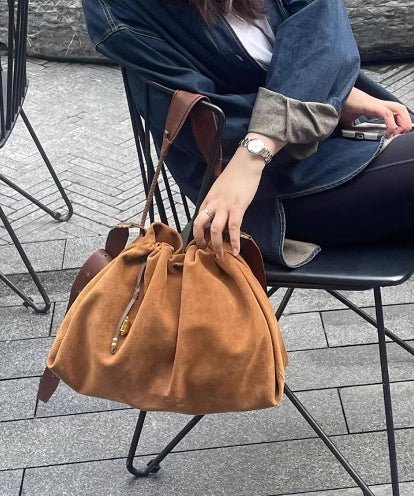 Women Khaki Drawstring Durable Leather Pouch Handbag