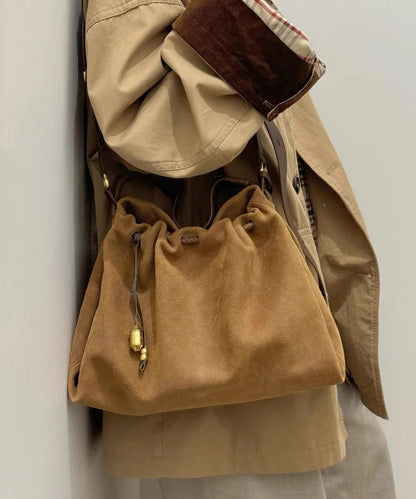 Women Khaki Drawstring Durable Leather Pouch Handbag