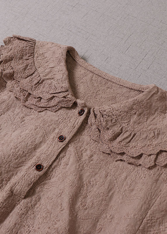 Frauen Khaki Bestickte Rüschen Baumwolle Urlaub Kleider Langarm