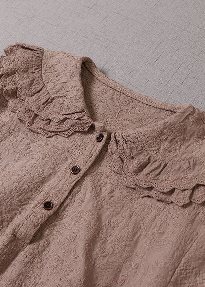 Frauen Khaki Bestickte Rüschen Baumwolle Urlaub Kleider Langarm