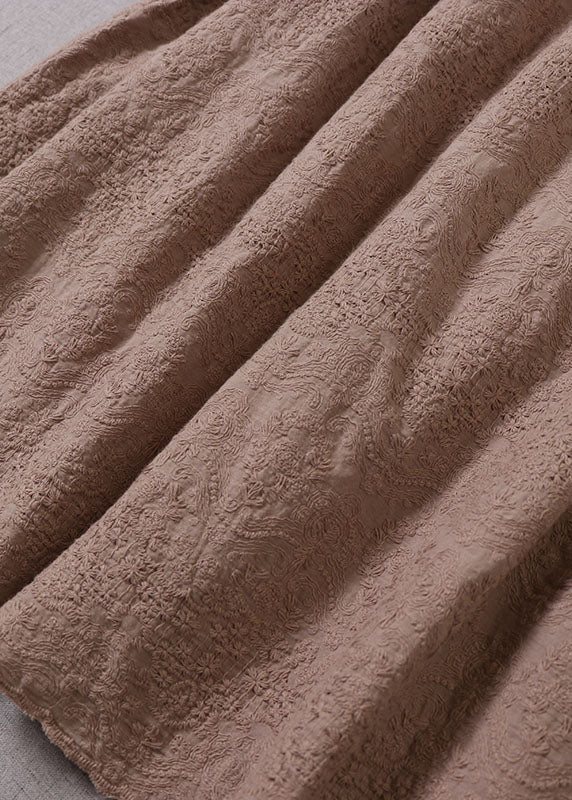 Frauen Khaki Bestickte Rüschen Baumwolle Urlaub Kleider Langarm