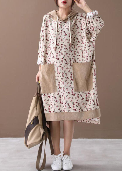 Frauen Khaki Mit Kapuze Print Cord Sweatshirts Kleider Frühling