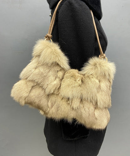 Women Khaki Large Capacity Fox Fur Patchwork Shoulder Bag