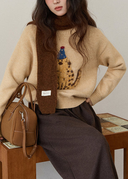 Suéter de punto con cuello redondo y estampado animal para mujer, color caqui, para invierno