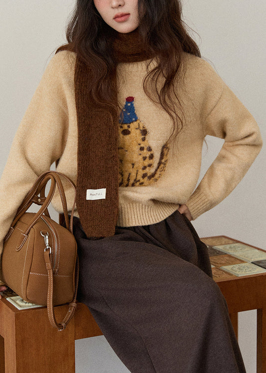 Suéter de punto con cuello redondo y estampado animal para mujer, color caqui, para invierno