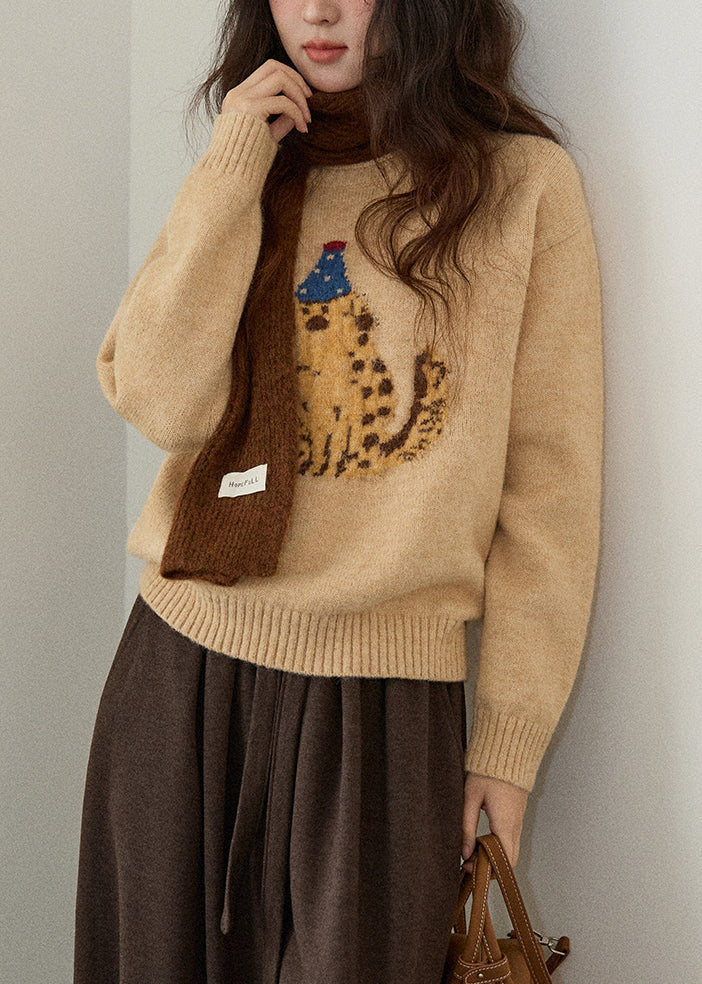 Suéter de punto con cuello redondo y estampado animal para mujer, color caqui, para invierno