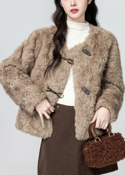 Women Khaki O Neck Button Teddy Faux Fur Coat Winter
