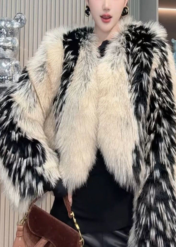 Women Khaki Oversized Warm Faux Fox Fur Jacket Winter