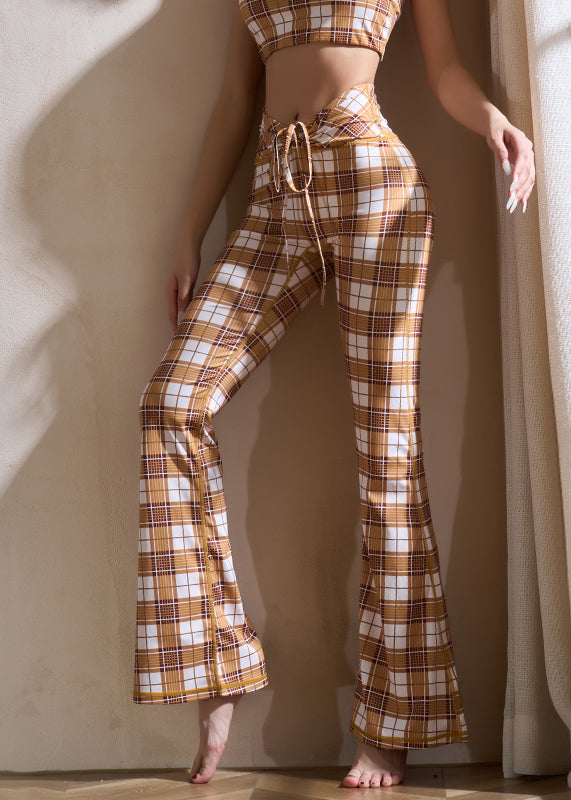 Women Khaki Plaid Tie Waist Cotton Yoga Flare Pants
