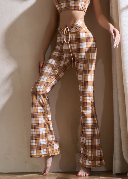 Women Khaki Plaid Tie Waist Cotton Yoga Flare Pants