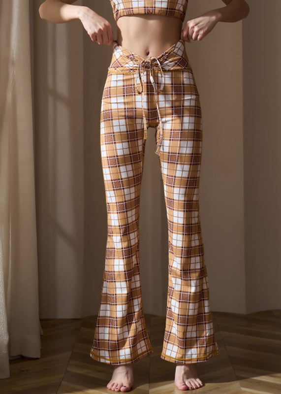 Women Khaki Plaid Tie Waist Cotton Yoga Flare Pants