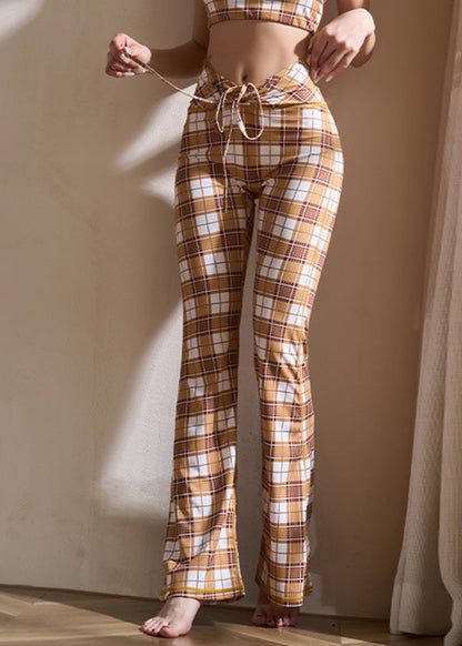 Women Khaki Plaid Tie Waist Cotton Yoga Flare Pants