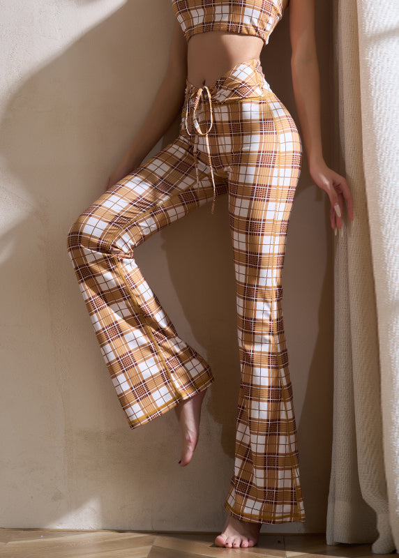 Women Khaki Plaid Tie Waist Cotton Yoga Flare Pants