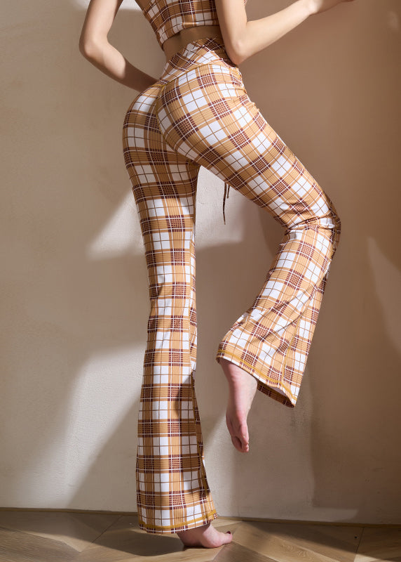 Women Khaki Plaid Tie Waist Cotton Yoga Flare Pants