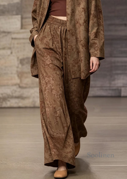 Women Khaki Print Cardigans And Pants Cotton Two Piece Suit Set Fall