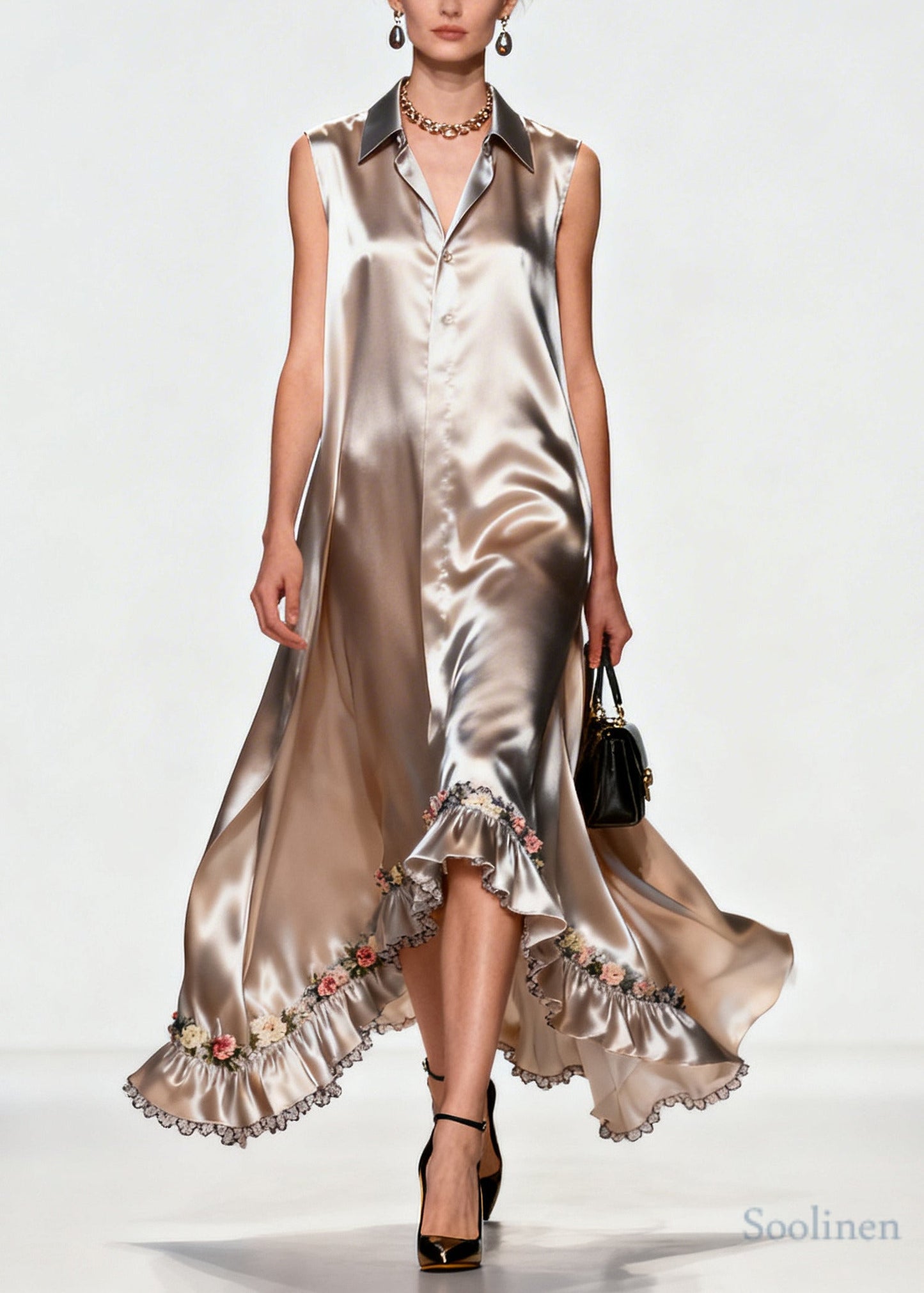 Women Khaki Ruffled Floral Silk Robe Dresses Sleeveless