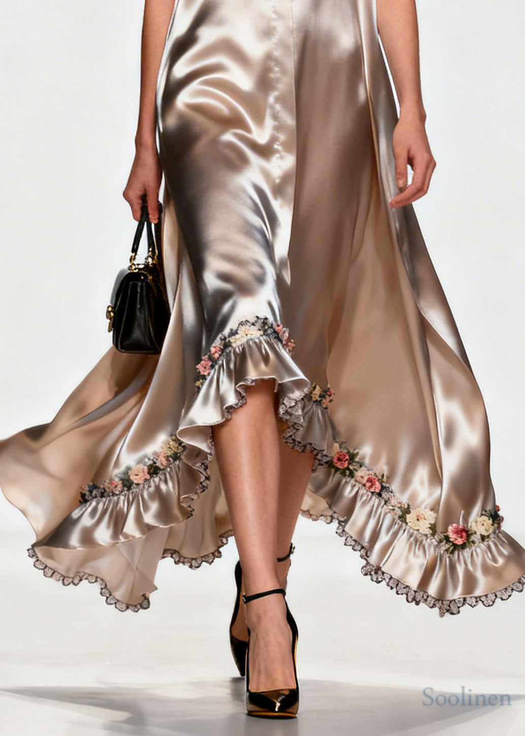 Women Khaki Ruffled Floral Silk Robe Dresses Sleeveless