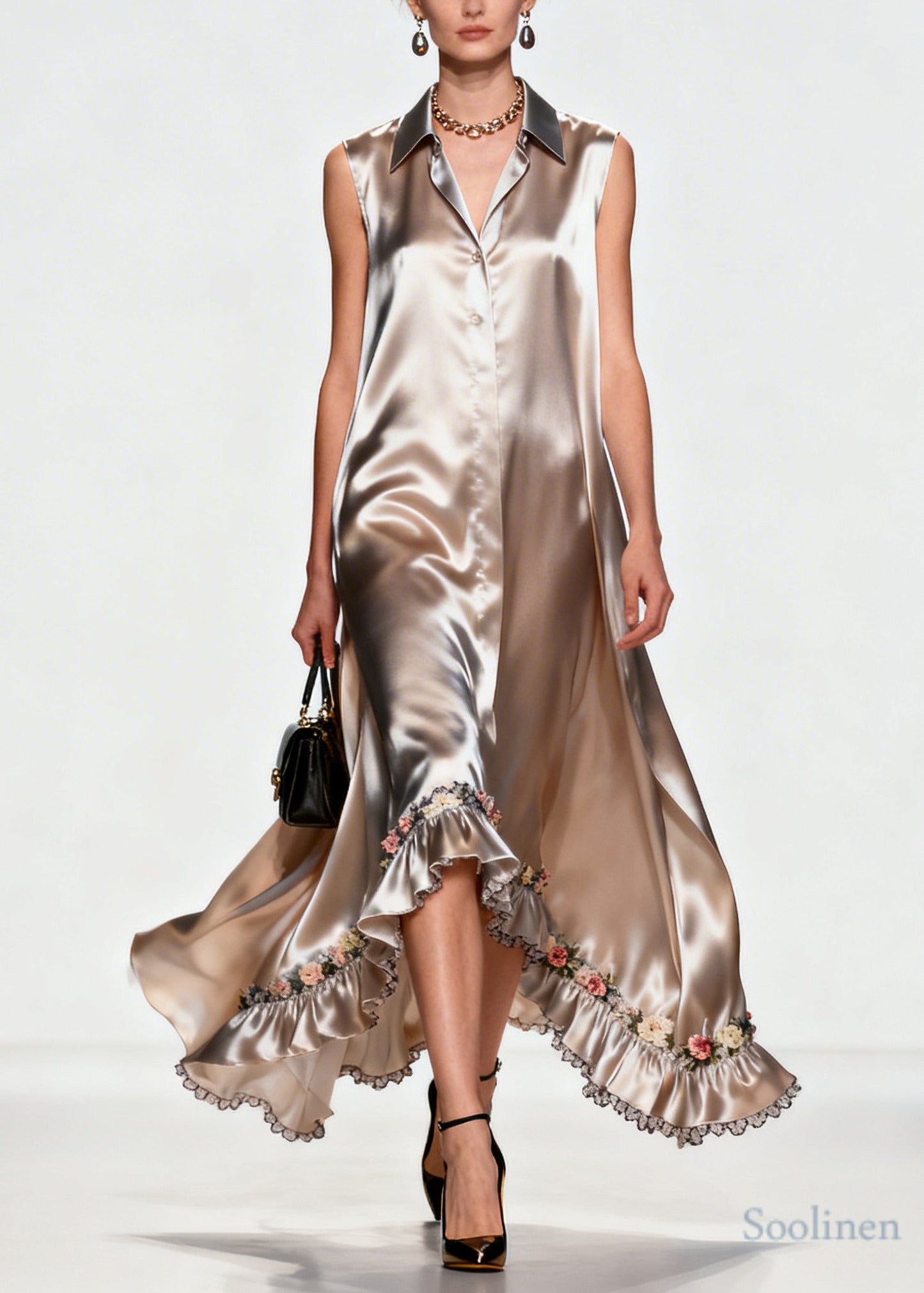 Women Khaki Ruffled Floral Silk Robe Dresses Sleeveless