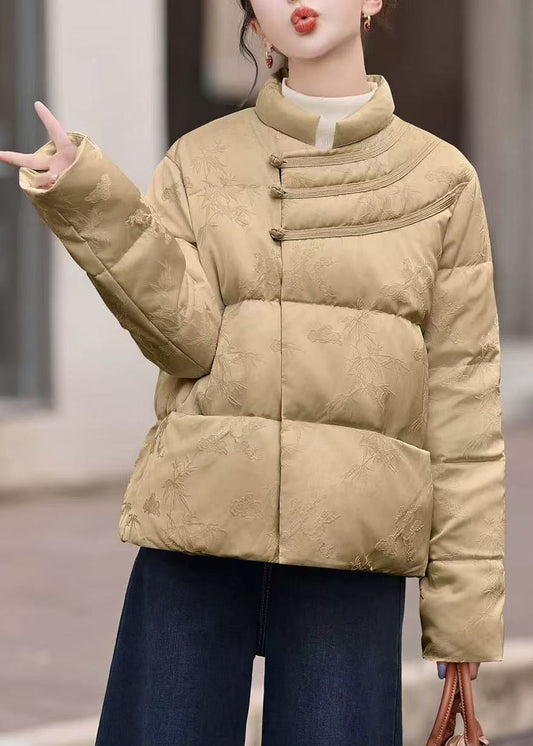 Damen Khaki Stehkragen Chinesische Knopfleiste Daunenjacke Winter