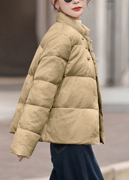 Abrigo acolchado de plumón de pato con botones chinos y cuello alto color caqui para mujer para invierno