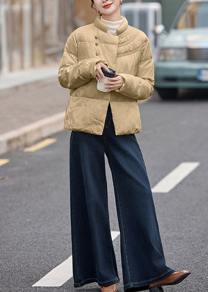 Abrigo acolchado de plumón de pato con botones chinos y cuello alto color caqui para mujer para invierno