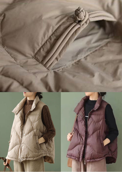 Frauen Khaki Stehkragen Übergroße Entendaunen Puffer Westen Winter
