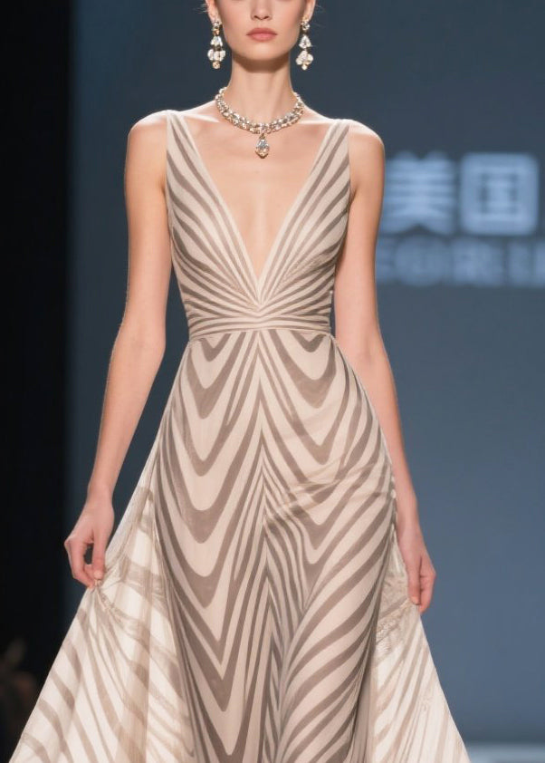 Women Khaki Striped Patchwork Lace Chiffon Holiday Dress Summer