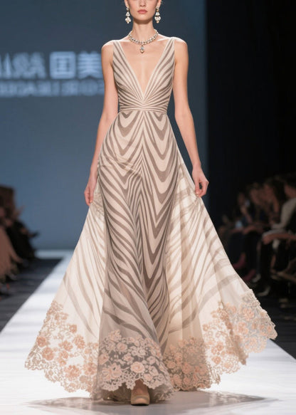 Women Khaki Striped Patchwork Lace Chiffon Holiday Dress Summer