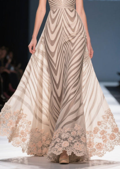 Women Khaki Striped Patchwork Lace Chiffon Holiday Dress Summer