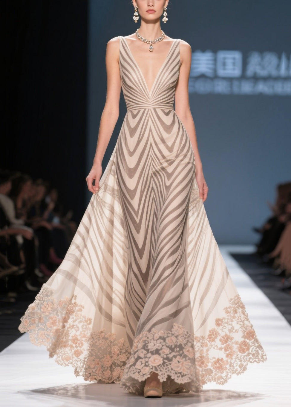 Women Khaki Striped Patchwork Lace Chiffon Holiday Dress Summer