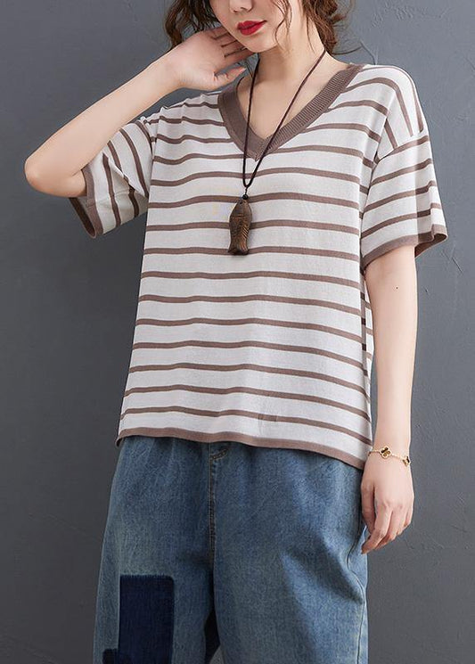 Women Khaki Striped side open Cotton Linen Summer Tops - SooLinen